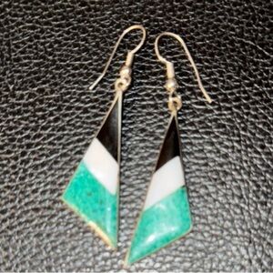 Mexico Alpaca Turquoise and Black Triangle Earrings